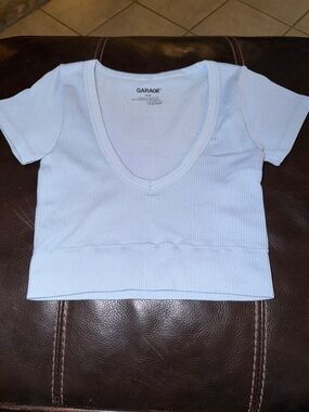 Garage XS Pale Blue Ribbed Scoop Neck Crop Tee